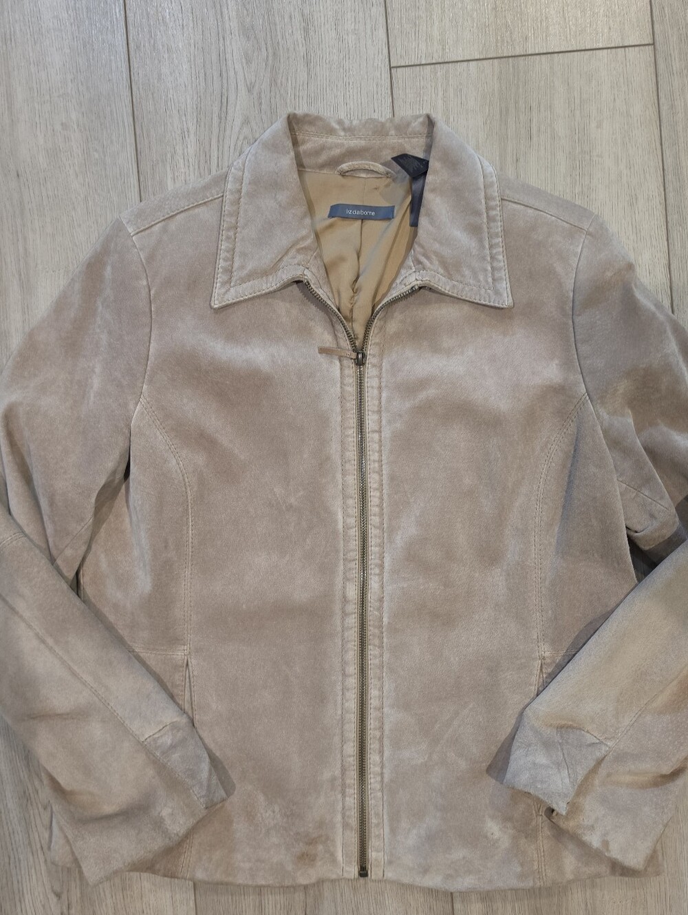 Vintage Liz Claiborne Genuine Suede Leather Jacket Taupe Tan Zip Front Size L
